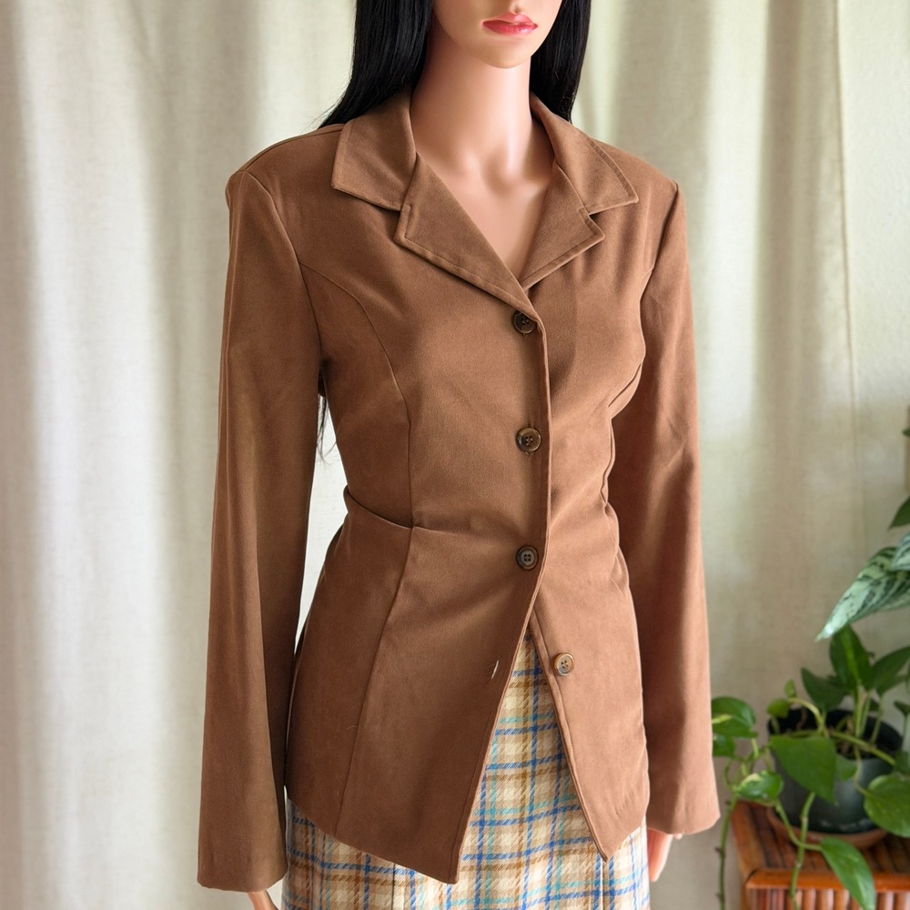 Vtg Y2K Womens Brown Faux Suede Button Front Blazer Jacket 10 Earthy Academia